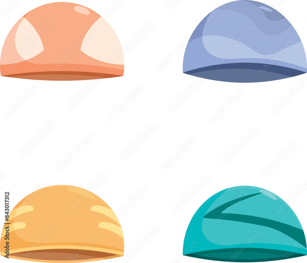 Collection of four isolated cartoon helmets in various colors for safety and construction themes Collection of four isolated cartoon helmets in various colors for safety and construction themes