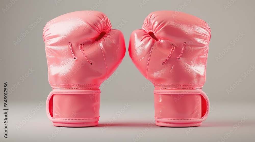 Pair of pink boxing gloves standing upright on a gray background Pair of pink boxing gloves standing upright on a gray background