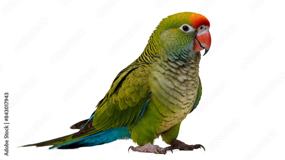 A green and blue parrot with a red beak is sitting on a transparent background