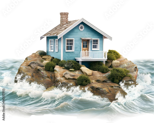 Charming seaside cottage with crashing waves on transparent background