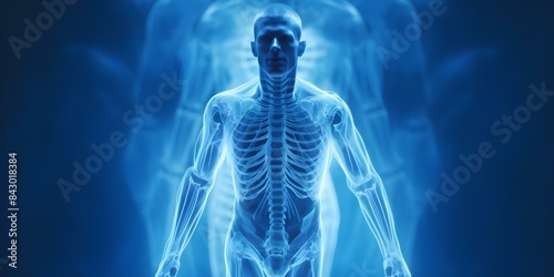 Xray of running figure in blue setting showing orthopedic care technology. Concept Healthcare Technology, Orthopedic Care, Running Injuries, X-ray Imaging, Blue Setting