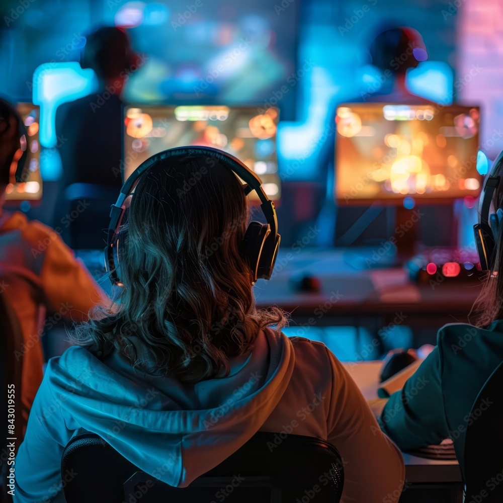 people playing video games in a room with lights people playing video games in a room with lights