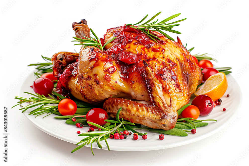 Whole Chicken Fried With Isolated Decoration On A Dish, Generative AI. Whole Chicken Fried With Isolated Decoration On A Dish, Generative AI.