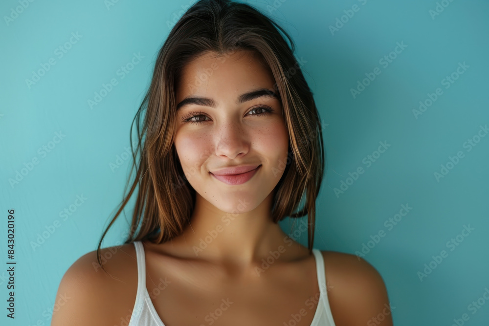 A close up portrait of a young woman with a subtle smile A close up portrait of a young woman with a subtle smile