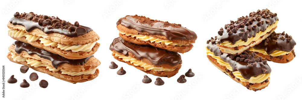 set of chocolate eclairs filled with creamy custard isolated on transparent background set of chocolate eclairs filled with creamy custard isolated on transparent background