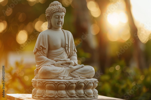 Buddha sit in meditation, Buddha statue against the background of plants with sunlight in the background and space for text. Spirituality and meditation
 photo