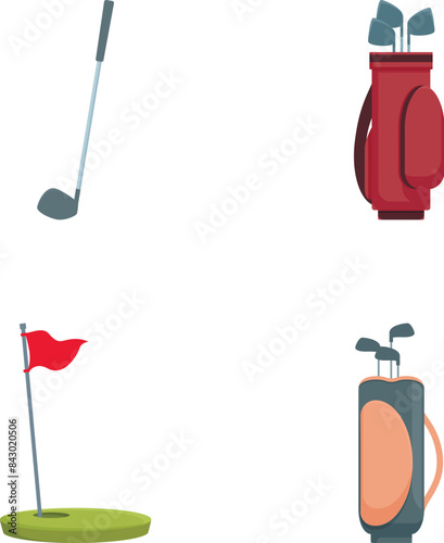 Collection of simple and stylish golf equipment icons set in flat design, perfect for illustrating a professional golfer's gear and accessories