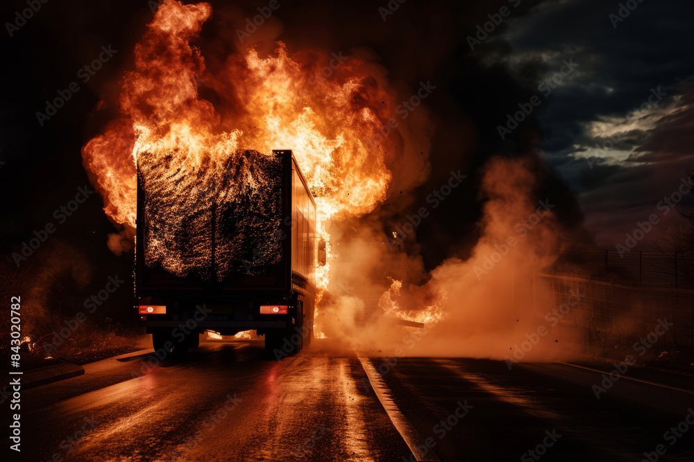 Flames from the back of a truck in the dark on the road. Truck fire, space for text
Flames from the back of a truck in the dark on the road. Truck fire, space for text