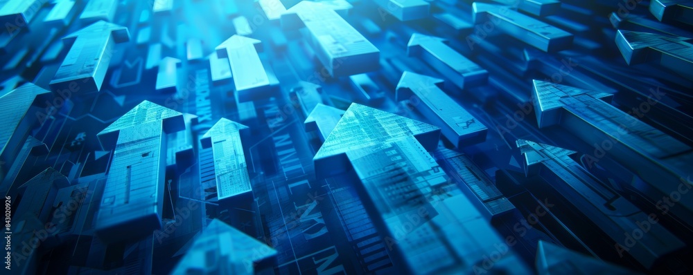 Blue arrows pointing up representing growing business success on a blue background Blue arrows pointing up representing growing business success on a blue background