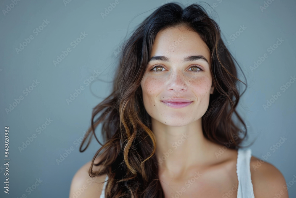 A close up portrait of a young woman with a subtle smile A close up portrait of a young woman with a subtle smile
