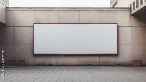 Blank white billboard in a subway station with tiled walls and a gritty, urban atmosphere. Billboard is rectangular and made of white metal and handing on wall. Copy space. Public transport. AIG35.