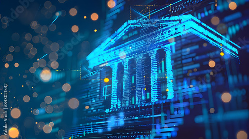blue digital bank icon on backdrop symbolizes modern finance. generative ai