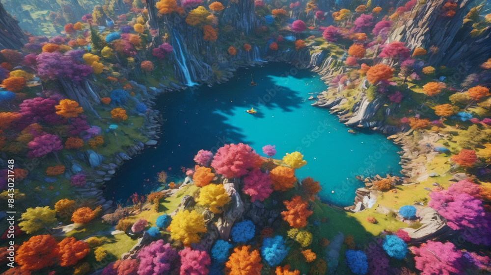 Fototapeta premium Enchanted Vista: Majestic Aerial Shot of Enchanted Wonderland, Colorful Wonders, Generative AI