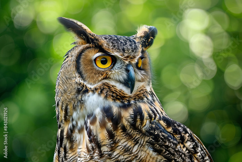 Close up portrait of an owl with beautiful big yellow eyes against the background of green plants or trees 