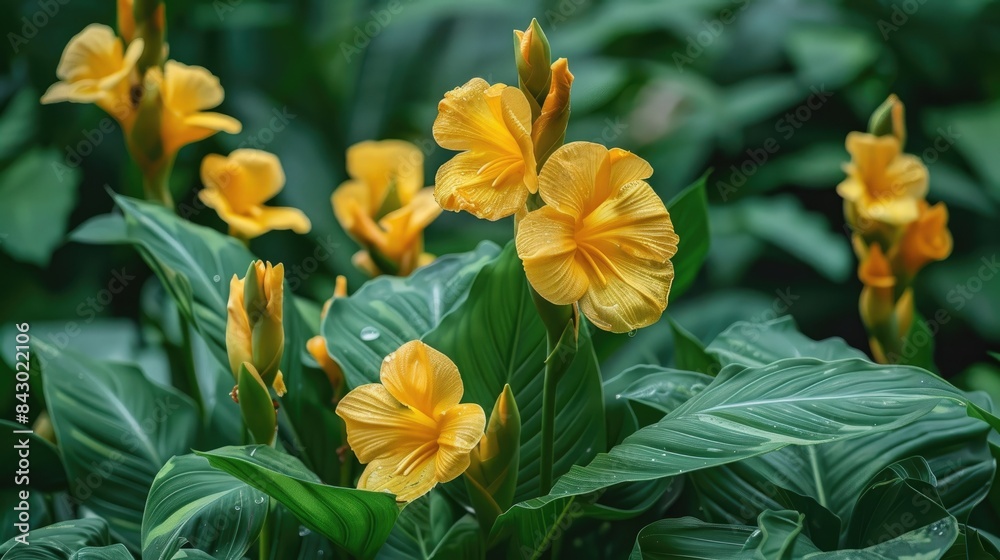 Lovely yellow canna flower and green foliage in the garden Lovely yellow canna flower and green foliage in the garden