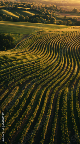Aerial Drone Photography of Vibrant Green Crop Fields with Undulating Patterns and Golden Sunlight Highlights in Rolling Countryside Landscape at Sunset
