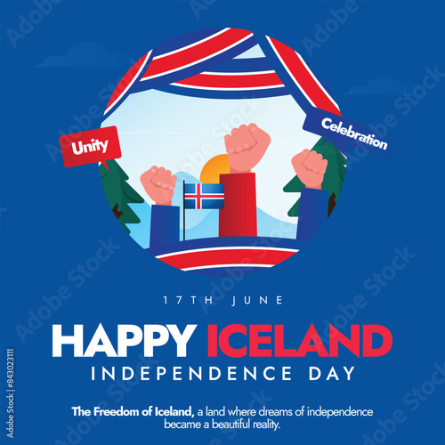 Iceland Independence Day 17th June. Happpy Iceland day celebration banner, post with its flag, fist bumps. The day is celebrated to commemorate the establishment of a republic in Iceland in 1944. 
