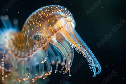 Colorful jellyfish or other sea creature on a dark background close up with tentacles
