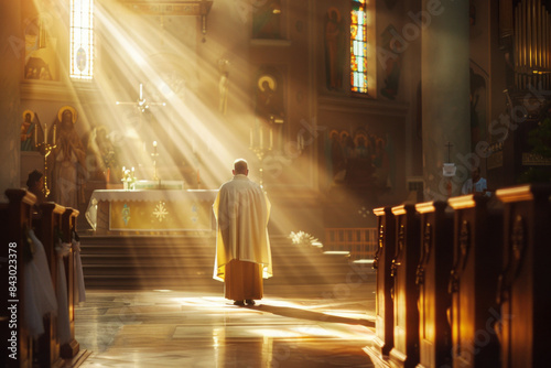 Catholic priest in a bright church with sunlight streaming in from large windows, dramatic lighting
 photo