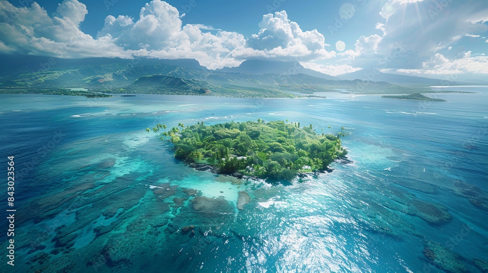 Aerial view of a small lush island surrounded by clear blue ocean waters Aerial view of a small lush island surrounded by clear blue ocean waters