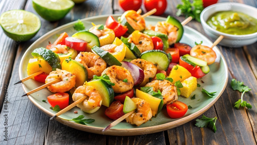 Colorful vegetable and chicken skewers on a platter.