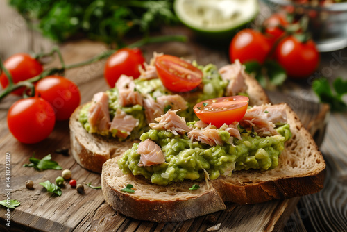 open-faced tuna sandwich with guacamole and cherry tomatoes on table top view