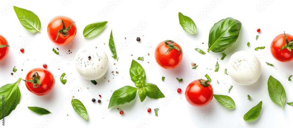 Buffalo mozzarella accompanied by basil leaves, cherry tomatoes, on a clean white background. An authentic taste of the Mediterranean with a clipping path. Buffalo mozzarella accompanied by basil leaves, cherry tomatoes, on a clean white background. An authentic taste of the Mediterranean with a clipping path.