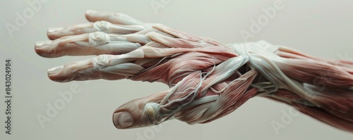 Detailed anatomy of human hand muscles and tendons flexing