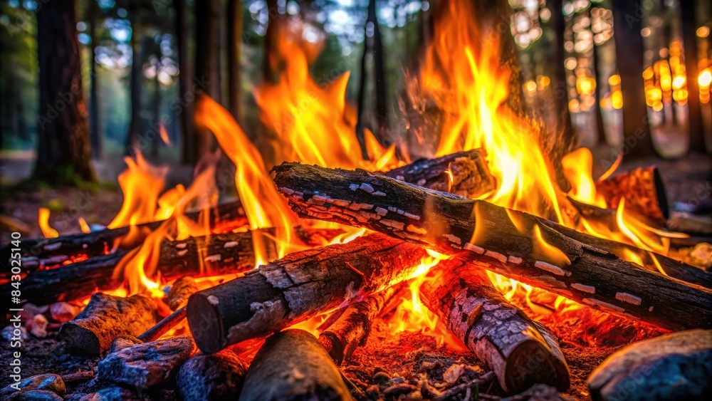 Cozy campfire with burning logs in the forest. Cozy campfire with burning logs in the forest.