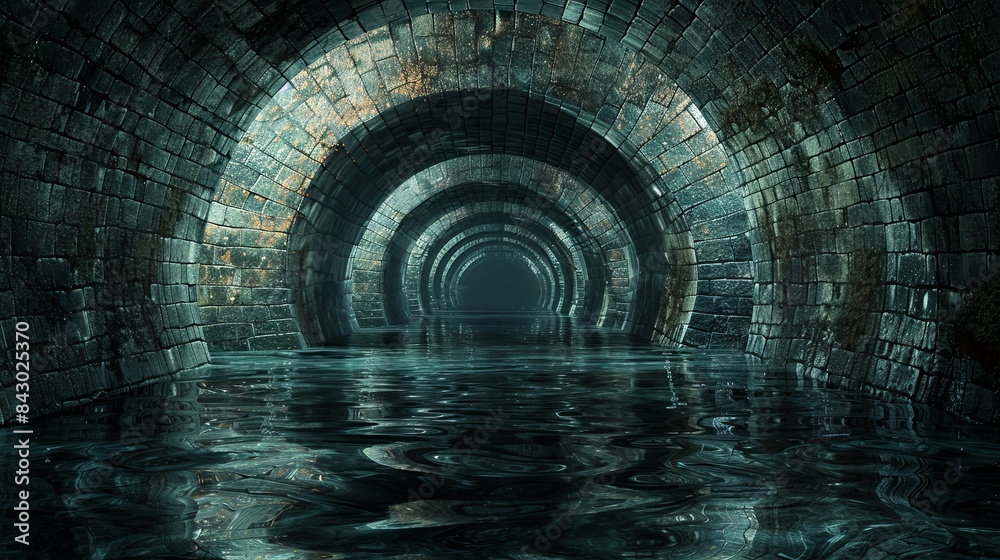 Naklejka premium A dark tunnel with water running through it