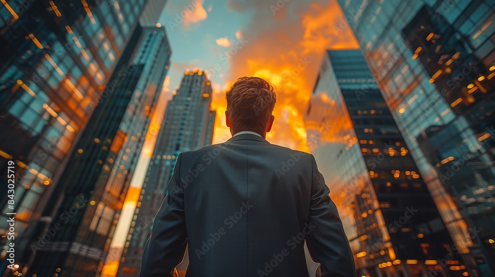A man stands in a business suit observing a fiery sunset reflecting off the glass facades of urban skyscrapers A man stands in a business suit observing a fiery sunset reflecting off the glass facades of urban skyscrapers