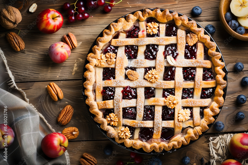 almond cake with jam and thin lattice of dough on top, on table almond cake with jam and thin lattice of dough on top, on table