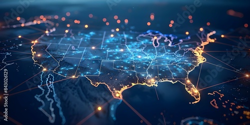 USA Digital Network Connectivity Map for Tech Business Telecommunications Data Transfer. Concept Tech Business, Telecommunications, Data Transfer, Connectivity, USA