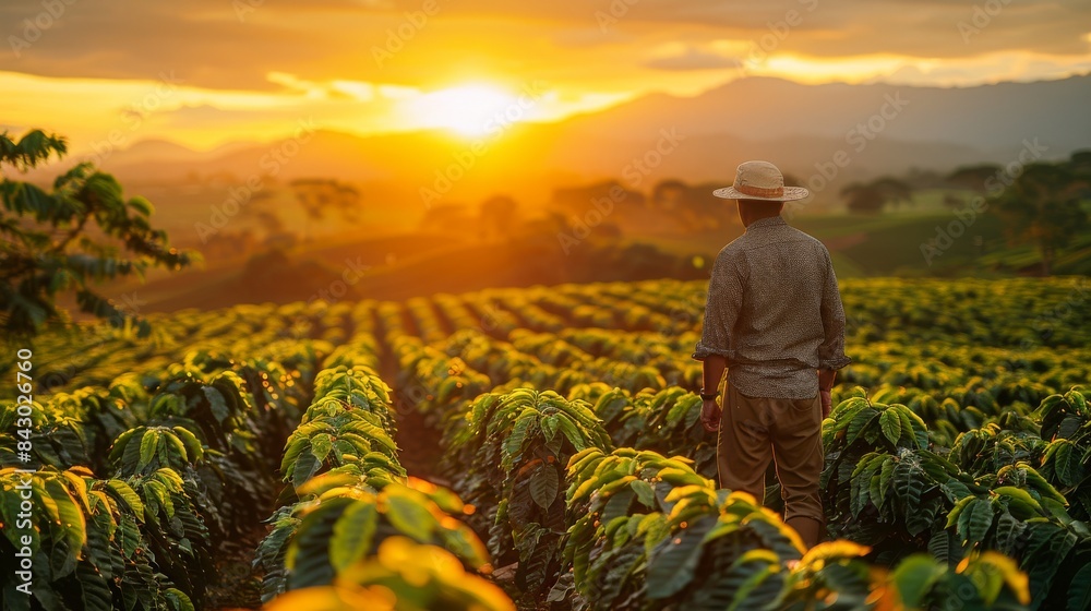 A farmer in a hat stands amidst a vibrant coffee plantation at sunset, overlooking the landscape A farmer in a hat stands amidst a vibrant coffee plantation at sunset, overlooking the landscape