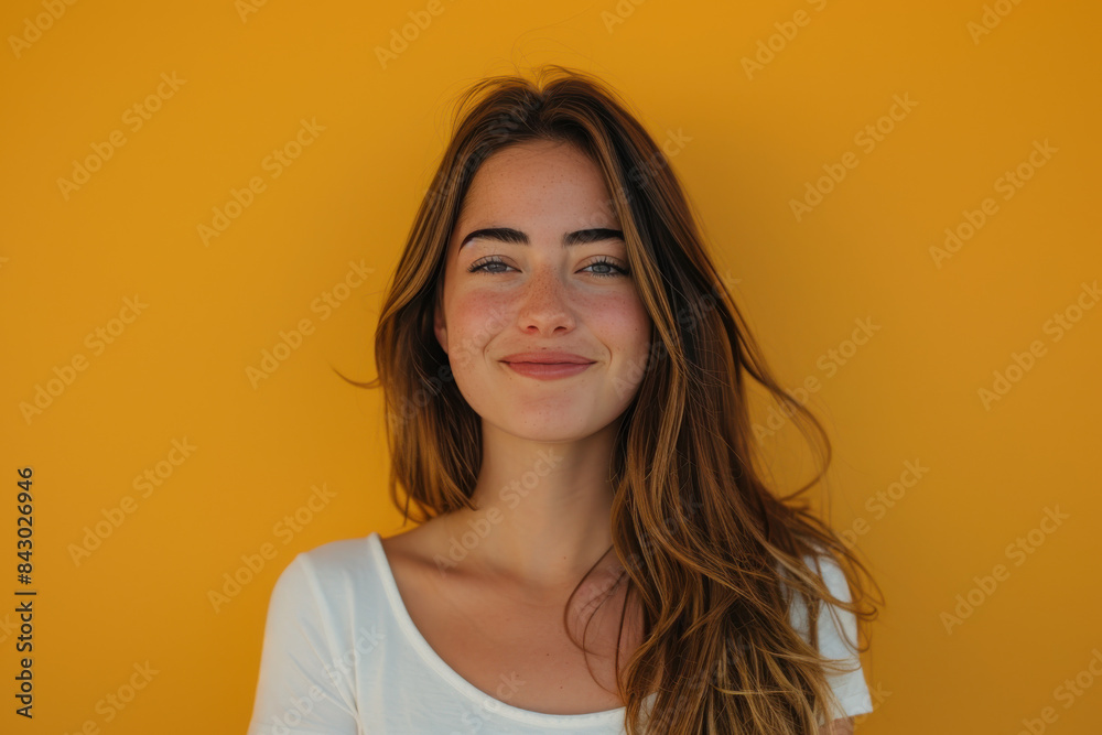 A close up portrait of a young woman with a subtle smile A close up portrait of a young woman with a subtle smile