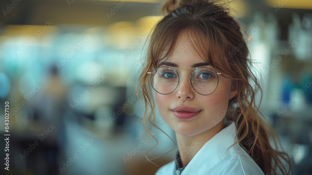 Crisp image of a young confident woman with glasses and straight hair in an office