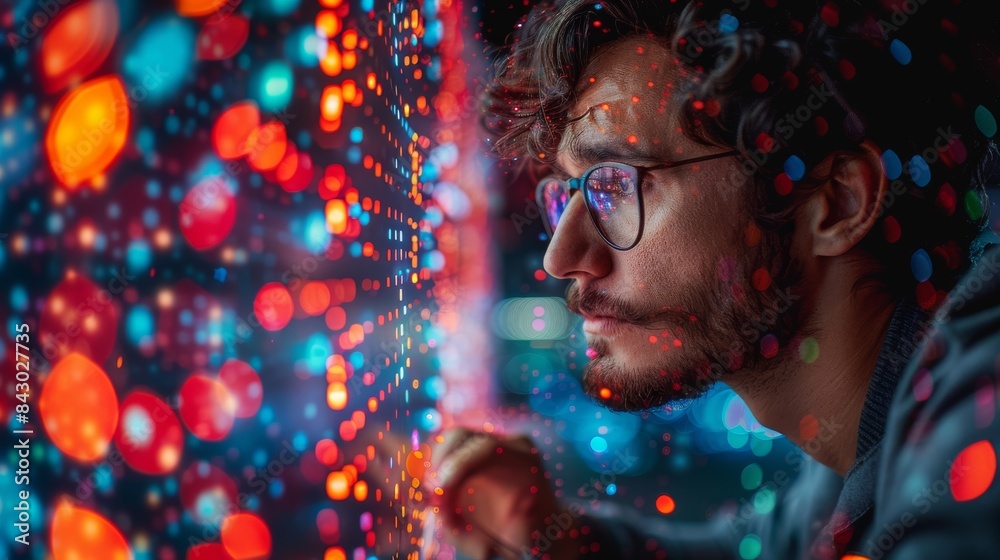 A person in the dark observing vibrant bokeh lights, evoking curiosity and digital exploration