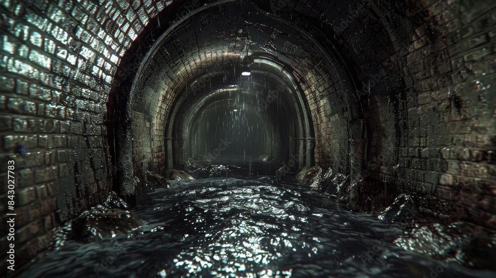 Naklejka premium A dark tunnel with water dripping from the ceiling