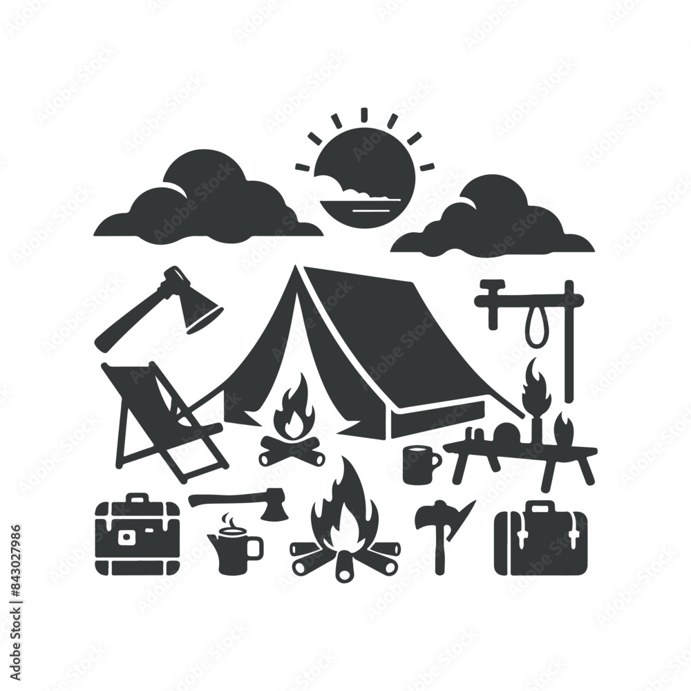 Naklejka premium Camping silhouette or Summer camp Clip art isolated vector illustration on a white background