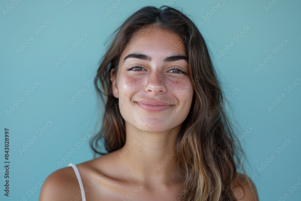 A close up portrait of a young woman with a subtle smile A close up portrait of a young woman with a subtle smile
