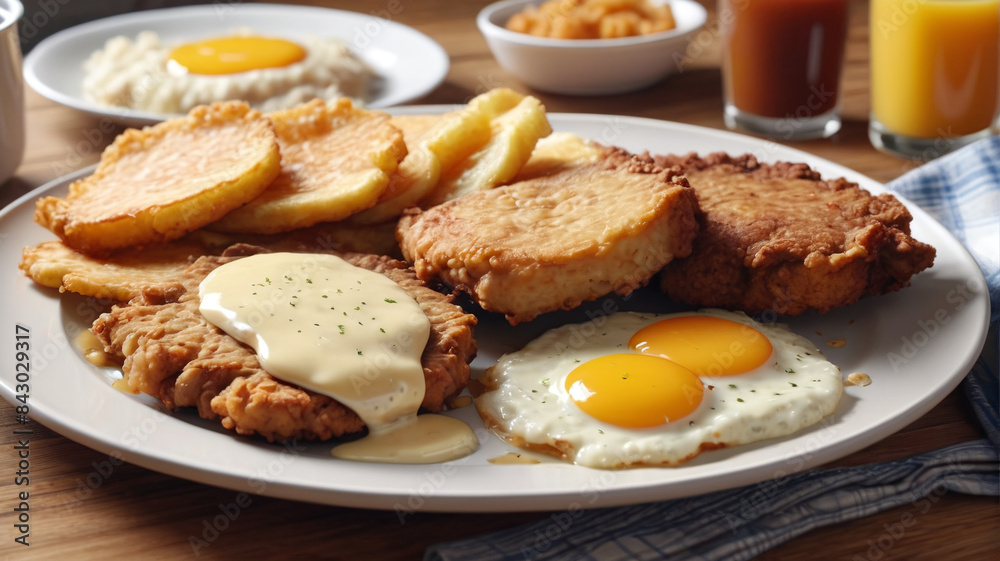 Cowboy's Breakfast Spread: Indulging in a Hearty Platter of Chicken Fried Steak, Hash Browns, and Fluffy Pancakes, Generative AI Cowboy's Breakfast Spread: Indulging in a Hearty Platter of Chicken Fried Steak, Hash Browns, and Fluffy Pancakes, Generative AI