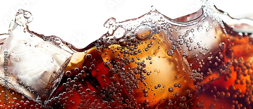 Soft drink background banner panorama - close up of cola with ice cubes with air bubbles and water drops isolated on light background - food photography