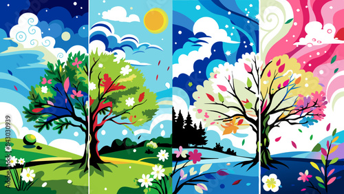 Four Seasons Trees Landscape in Vibrant Cartoon Style