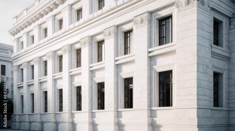 Close-up of the facade of a building with white columns. Close-up of the facade of a building with white columns.