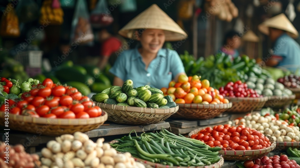 Fresh vegetables on display at a bustling market stall with vendors wearing traditional conical hats Fresh vegetables on display at a bustling market stall with vendors wearing traditional conical hats
