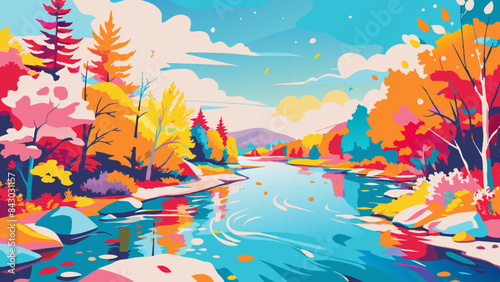 Vibrant Autumn Landscape with Scenic River and Colorful Foliage