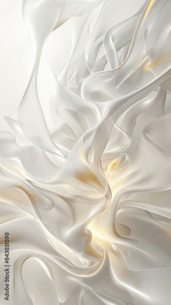 Obraz premium The image shows abstract, flowing white fabric with subtle golden highlights, creating smooth, fluid waves and curves. The fabric's dynamic texture and light interplay evoke elegance and serenity.