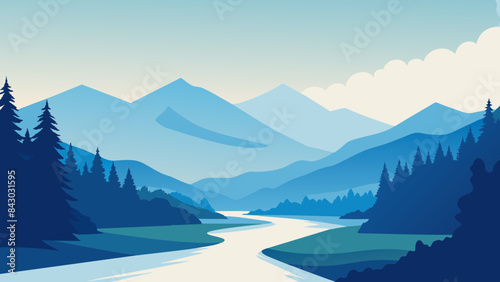 Serene Blue Mountain Landscape with Tranquil River