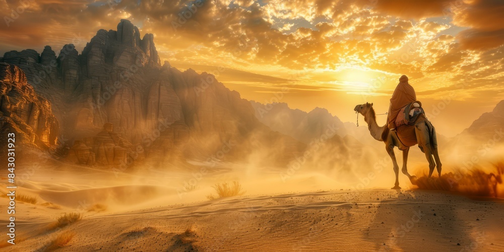 A lone traveler rides a camel through a vast desert at sunset. AI. A lone traveler rides a camel through a vast desert at sunset. AI.