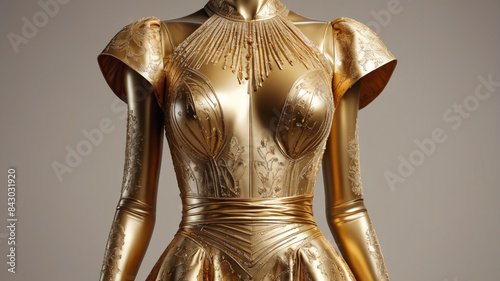 Bathed in golden hues, the luxurious gown on the mannequin exudes timeless elegance and sophistication, Generative AI © 4K_Heaven